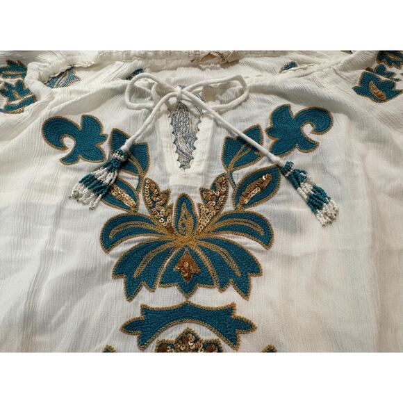 Soft Surroundings Shirt Sz S White Green Embroidered Sequins Tassel Boho Top - Picture 8 of 12
